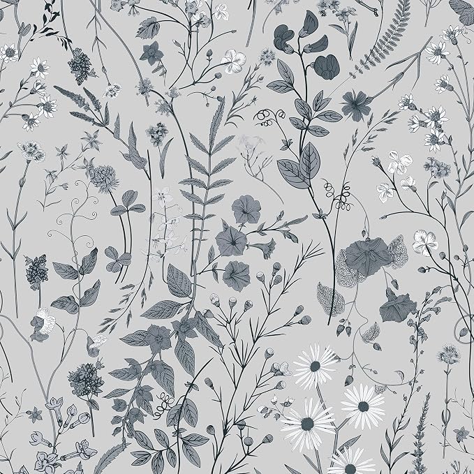 JiffDiff Floral Peel and Stick Wallpaper - Black and White Wall Paper 473" x 17.3" Farm Floral Wildwood Wallpaper Daisy Self Stick Contact Paper Negative Film