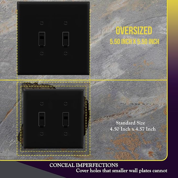 ENERLITES Double Toggle Switch Cover, Two Gang Light Switch Wall Plate, Gloss Finish, Oversized 2-Gang 5.5" x 5.5", Unbreakable Polycarbonate Thermoplastic, UL Listed, 8812O-BK, Black