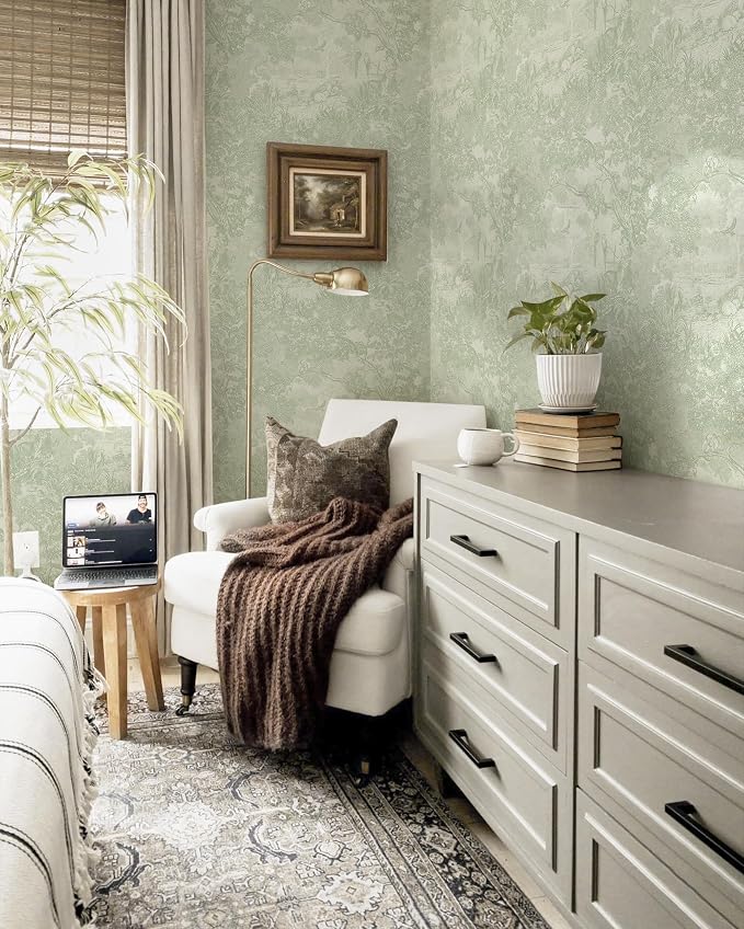 Peel and Stick Wallpaper Green Vintage Forest Animals Floral Wallpaper Removable Self-Adhesive Contact Paper for Bedroom Living Room Cabinets Decoration Thicken Vinyl 17.3”x78.7”