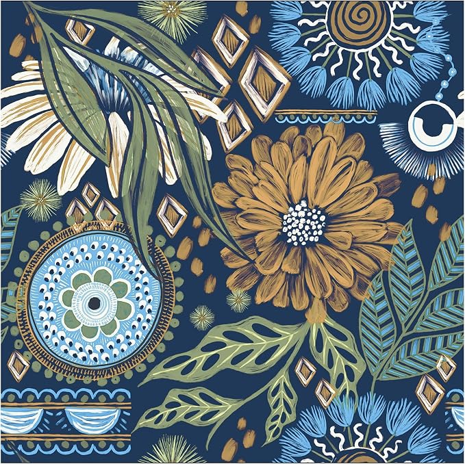 HAOKHOME Peel and Stick Wallpaper Boho Retro Floral Wall Paper Navy Blue Mustard for Bathroom Kitchen Accent Wall 17.3in x 32.8ft