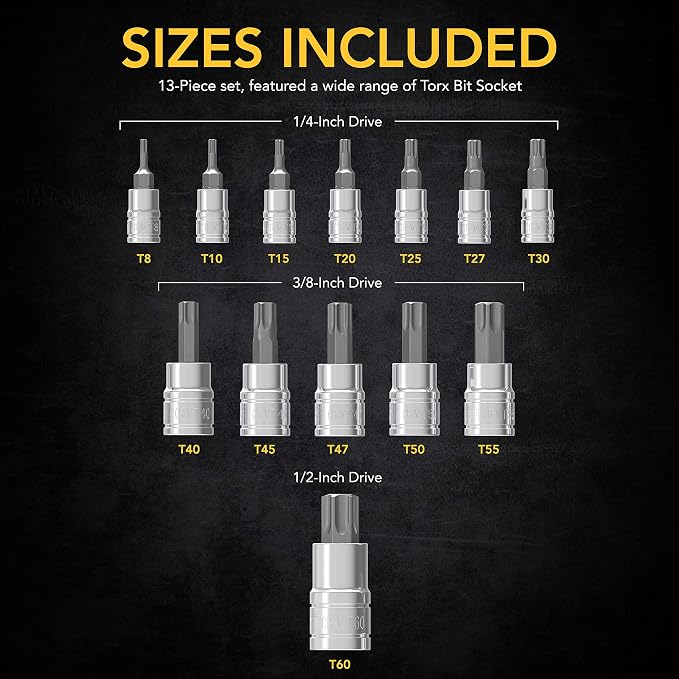 LEXIVON Torx Bit Socket Set, Premium S2 Alloy Steel | 13-Piece Star T8 - T60 Set | Enhanced Storage Case (LX-143)