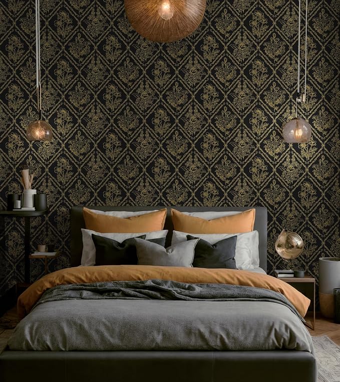 Toduso Peel and Stick Wallpaper Vintage Wall Paper Boho Contact Paper Black and Gold Floral Removable Wallpaper for Bathroom Bedroom Flower Waterproof Self Adhesive Vinyl Drawer Decor 17.3"x393.7"