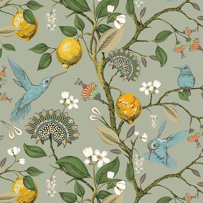 Livelynine 17.5x591 Vintage Peel and Stick Wallpaper Birds Flowers Kitchen Wallpaper Sage Green Floral Gold Lemons Trees Boho Blue Bird Self Adhesive Contact Paper Decorative Cabinet Vinyl Wrap Walls