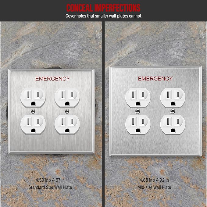 ENERLITES Double Duplex Receptacle Metal Wall Plate with Emergency Label, Stainless Steel Outlet Cover, Corrosion Resistant, 430 Stainless Steel, Mid-Size 2-Gang 4.88" x 4.92", UL Listed, 7722M-E