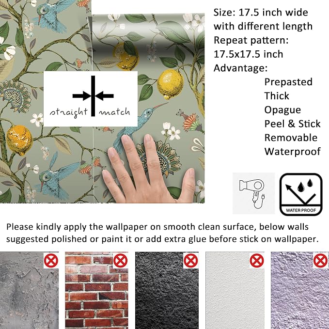 Livelynine 17.5x276" Peel and Stick Wallpaper Boho Green Vintage Floral Wallpaper Pre Pasted Wall Paper Removable Fresh Lemon Tree Teal Blue Bird Green Floral Contact Paper for Walls Kitchen Cabinets