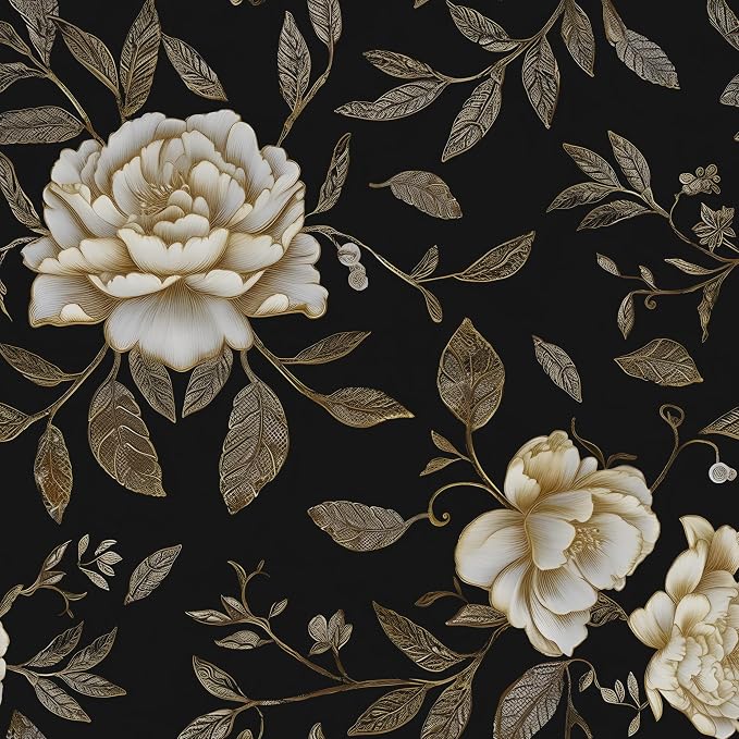 Dark Golden White Peony Floral Wallpaper Peel and Stick 17.5"x787" | Self Adhesive/Removable/Waterproof/Thick Vinyl Extra Long Contact Paper for Bathroom Bedroom Shelf Cabinet Drawer,Prepasted