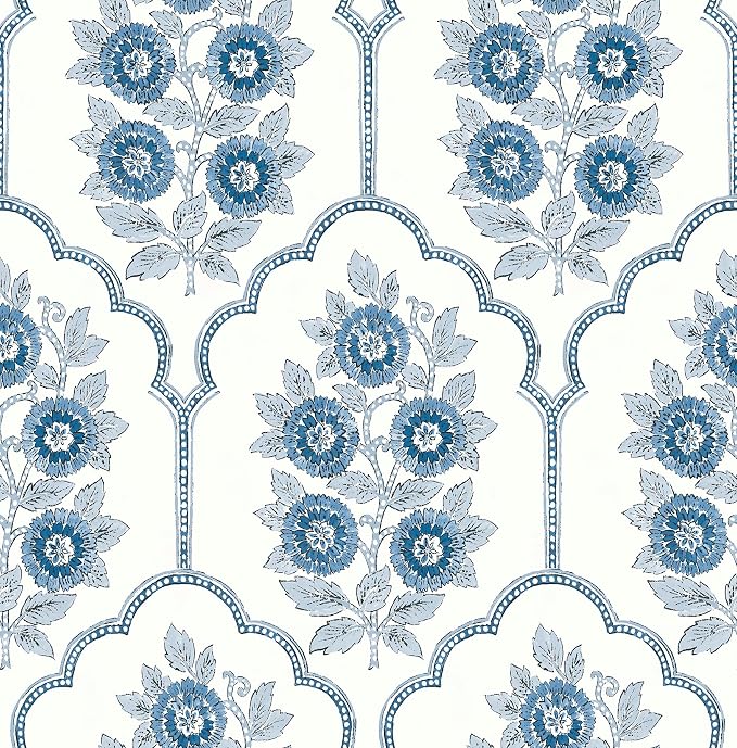NuWallpaper x Society Social Floral Bazaar Delft Blue Peel and Stick Wallpaper, SSS6315