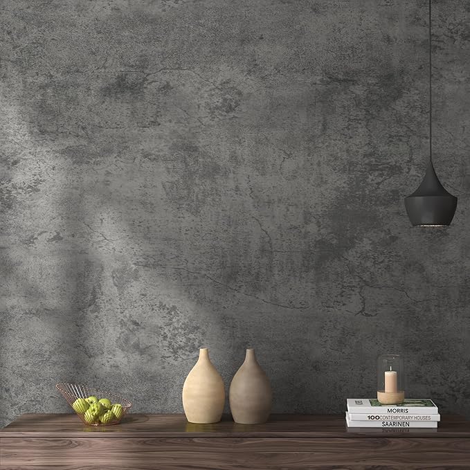 JSEVEM 16"×118" Dark Grey Concrete Contact Paper Self Adhesive Gray Faux Cement Wallpaper Peel and Stick Waterproof Industrial Matte Textured Vinyl Wrap for Office Bedroom Living Walls