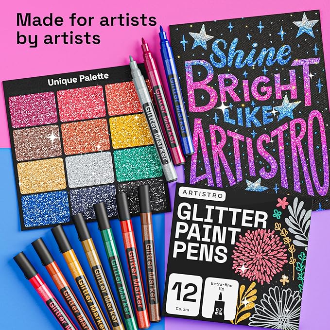 ARTISTRO 12 Glitter Paint Pens for Glass Marking, Rock Painting, Ceramic, Wood, Fabric, Scrapbooking, DIY Craft Making, Coloring - Acrylic Paint Markers Extra-Fine Tip 0.7mm