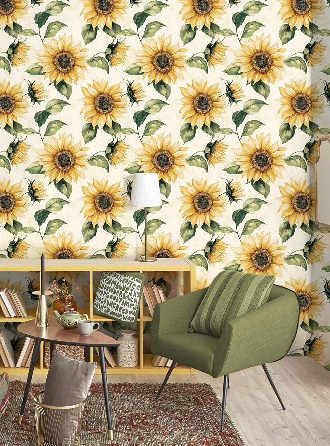 Yasinet Sunflower Peel and Stick Wallpaper Boho Floral Wallpaper Yellow Vintage Contact Paper for Bedroom Cabinets Farmhouse Waterproof Removable Self-adhesive Wall Paper for Wall Vinyl 17.3" x 393.7"