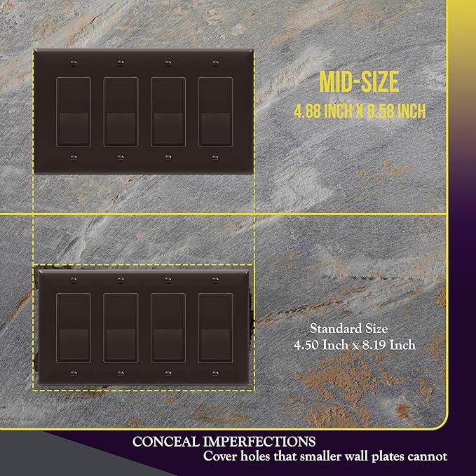 ENERLITES Quadruple Decorator Switch Cover, Four Gang Outlet Wall Plate, Gloss Finish, Mid-Size 4-Gang 4.88" x 8.58", Unbreakable Polycarbonate Thermoplastic, UL Listed, 8834M-BR, Brown