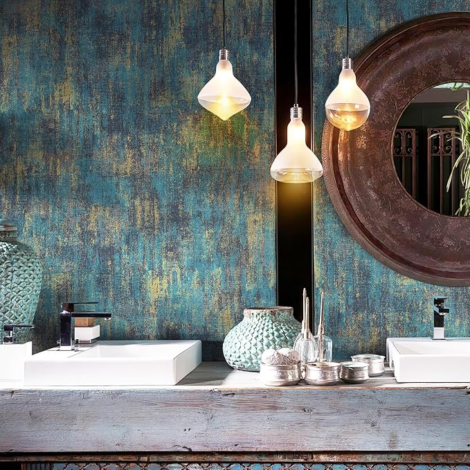 JiffDiff Vintage Metallic Peel and Stick Wallpaper Industrial Metallic Concrete Wall Paper Modern Stick on Wallpaper Self Adhesive Contact Paper(17.3" x 400" Blue Gold)
