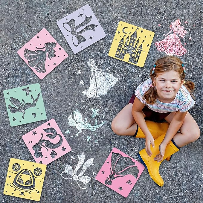 36Pcs Princess Drawing Stencils for Kids 8 Inch Reusable Fairy Sidewalk Chalk Stencil Large Fairytale Castle Stencils Princess Theme Primary Shape Template for Kids Toddlers Drawing Wall Home