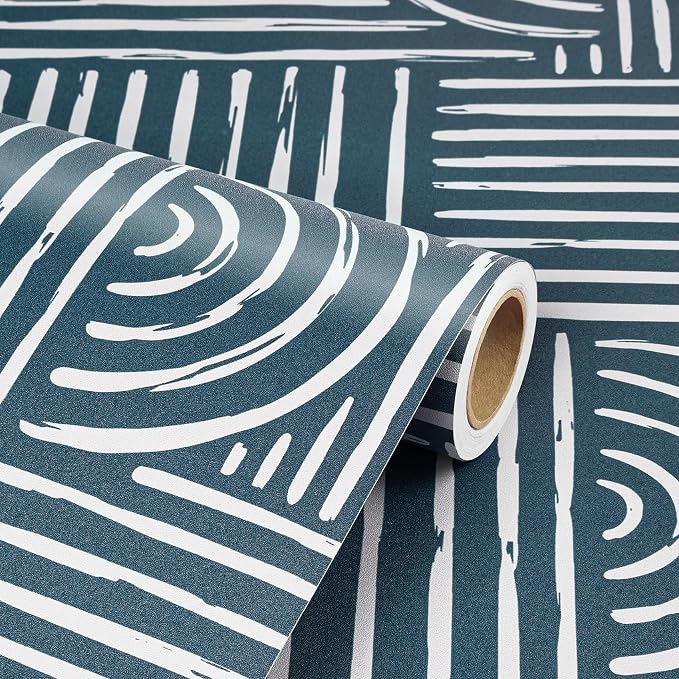 Livelynine Blue Peel and Stick Wallpaper Geometric Modern Abstract Dark Blue and White Vinyl Removable Navy Accent Wallpaper Mid Century Geometric Contact Paper for Drawers Cabinet Bathroom 17.5x78.8