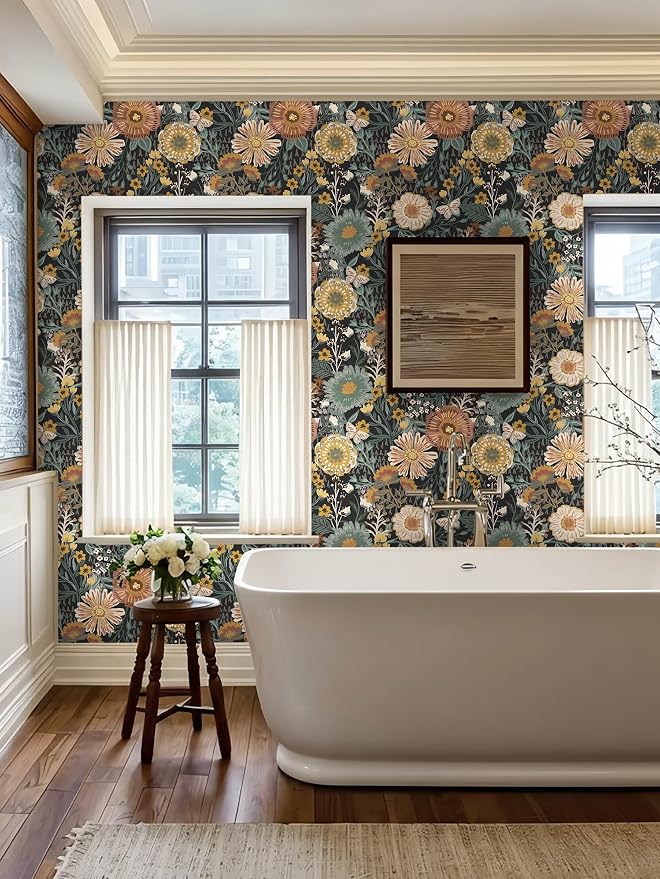Dimoon Boho Retro Wallpaper Peel and Stick Wallpaper Vintage Floral Contact Paper 17.3''x393'' Dark Black Bohemian Removable Wall Paper Renter Friendly Waterproof Wall Mural Bedroom Bathroom Vinyl