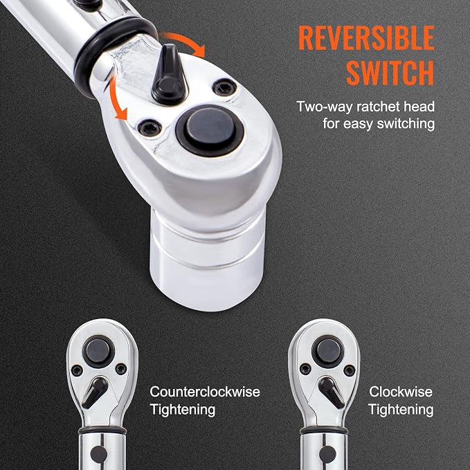 VEVOR 1/2-inch Drive Click Torque Wrench 25-250ft.lb/34-340n.m, Dual-Direction Adjustable Torque Wrench Set with Mechanical Dual Range Scales and Adapters Extension Rod