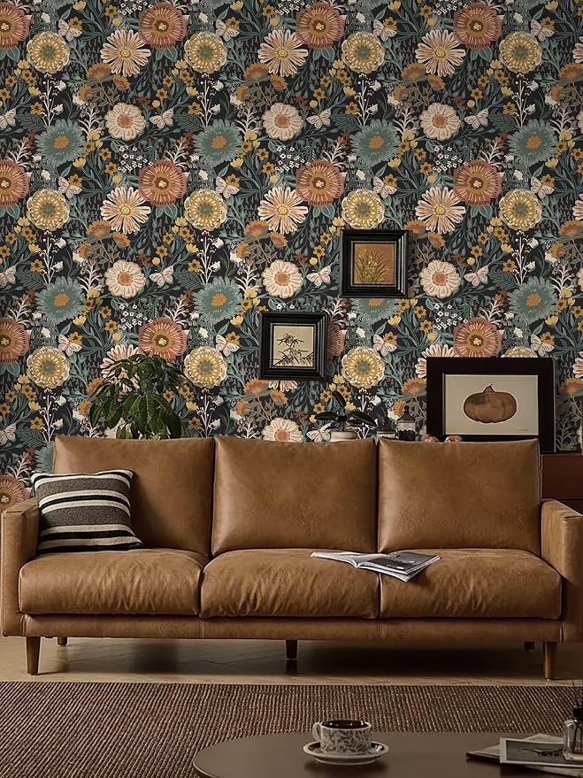 Dimoon Boho Retro Wallpaper Peel and Stick Wallpaper Vintage Floral Contact Paper 17.3''x78.7'' Dark Black Bohemian Removable Wall Paper Renter Friendly Waterproof Wall Mural Bedroom Bathroom Vinyl
