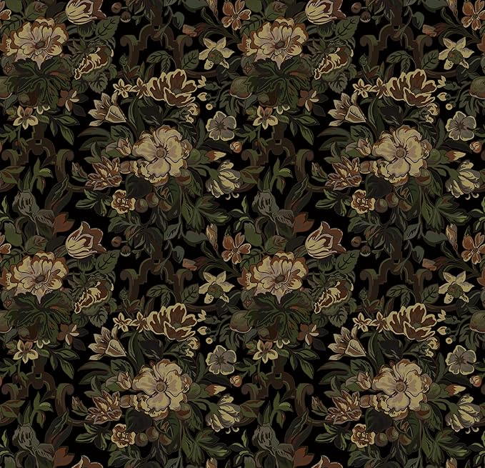 Dimoon 17.3"x236" Dark Wallpaper Peel and Stick Moody Vintage Victorian Floral Contact Paper Green Gothic Wallpaper for Bedroom Flower Leaf Yellow Renter Friendly Wall Paper Removable Vinyl Roll