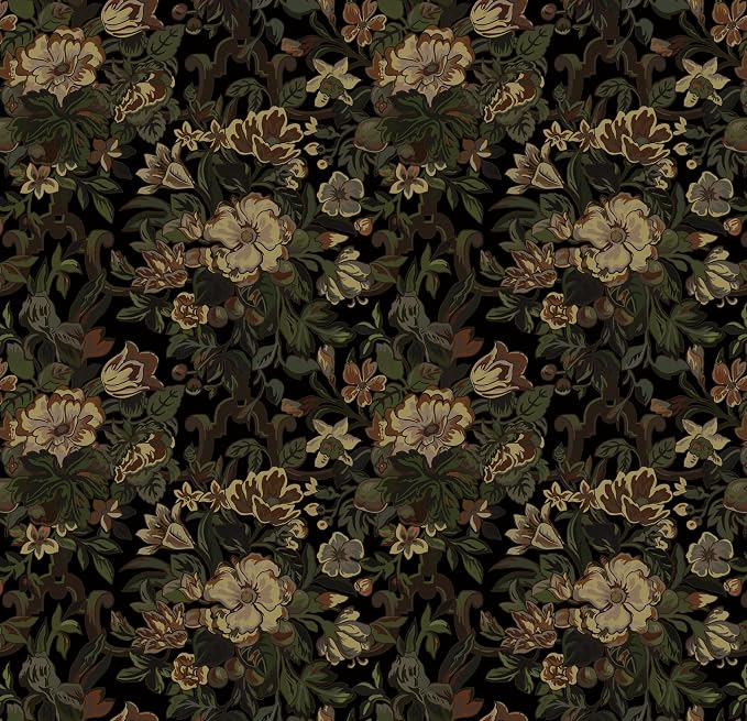 Dimoon 17.3"x393" Dark Wallpaper Peel and Stick Moody Vintage Victorian Floral Contact Paper Green Gothic Wallpaper for Bedroom Flower Leaf Yellow Renter Friendly Wall Paper Removable Vinyl Roll