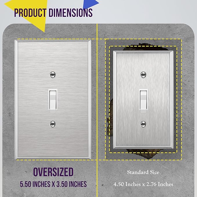ENERLITES Toggle Light Switch Metal Wall Plate, Corrosion Resistant, Over Size 1-Gang 5.5" x 3.5", 7711O, 430 Stainless Steel, UL Listed, Silver