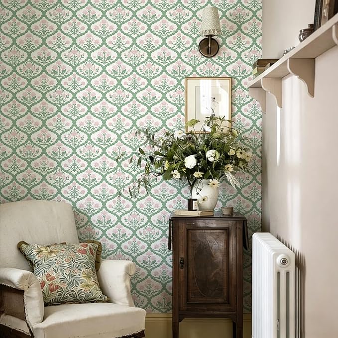 Pink Floral Peel and Stick Wallpaper Vintage Wall Paper Boho Pink Floral Damask Wallpaper for Bedroom Decorative Self Adhesive Shelf Drawer Liner 17.3" x 78.7"