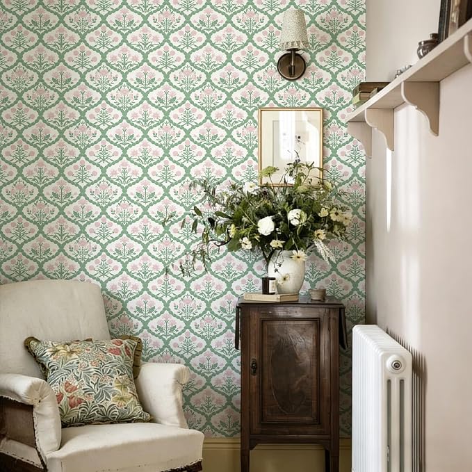 17.3" x 196.8" Pink Floral Peel and Stick Wallpaper Vintage Wall Paper Boho Pink Floral Damask Wallpaper for Bedroom Decorative Self Adhesive Shelf Drawer Liner