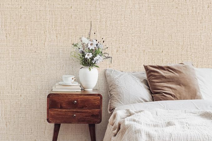 Beige Grasscloth Peel and Stick Wallpaper Textured 15.7in x 393.7in | Faux Linen Wallpaper Peel and Stick Vintage Grasscloth Contact Paper Self Adhesive Removable Contact Paper for Bedroom Vinyl