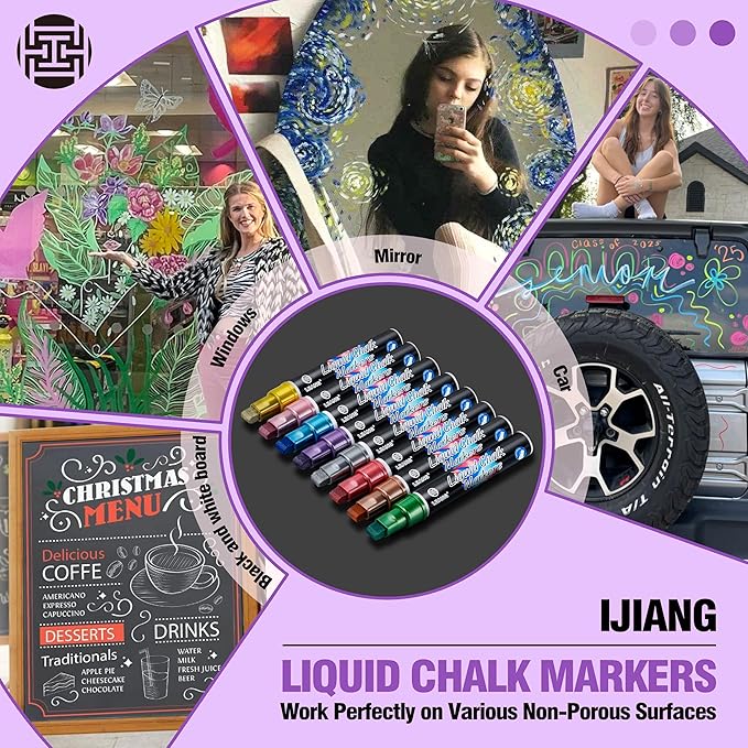 IJIANG Metallic Chalk Markers 8 Colors, Jumbo Liquid Chalk Markers with 10mm 3-in-1 Tips Perfect for Window Cars Glass Mirror and Blackboard Whiteboard Chalkboard, Dry & Wet Erase Pens