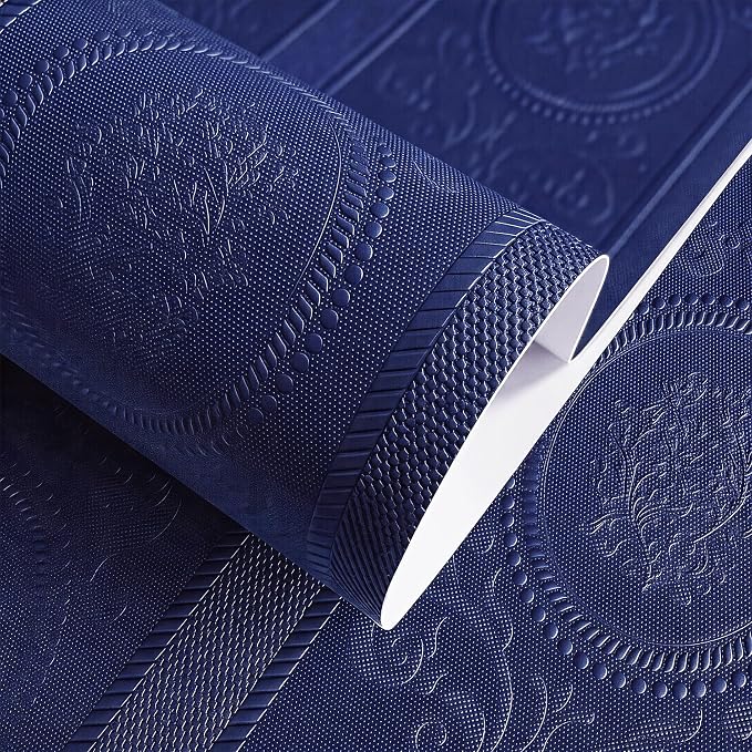 Navy Blue 3D Embossed Textured Peel Stick Wallpaper 17.3"x120" | Removable Renter Friendly Contact Paper, Waterproof Self Adhesive Wallpaper for Bedroom, Bathroom, Decor