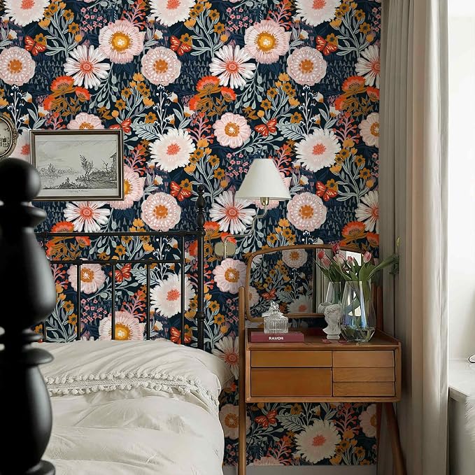 Dimoon Boho Wallpaper Peel and Stick Wallpaper Floral Retro Contact Paper 17.3''x78.7'' Dark Blue Vintage Bohemian Removable Wall Paper Renter Friendly Waterproof Wall Mural for Bedroom Bathroom Vinyl