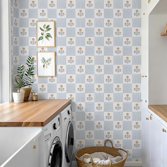 Guvana Blue Floral Peel and Stick Wallpaper Vintage Floral Wallpaper Boho Wall Paper Removable Modern Contact Paper Vinyl Self Adhesive for Bedroom Bathroom Kitchen Livingroom Covering 17.3" x 78.7"