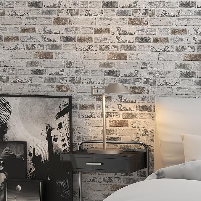 Brick Wallpaper Peel and Stick Wallpaper 17.3"x787" Grey and White 3D Brick Wallpaper Self Adhesive Vintage Wallpaper Removable Textured Contact Paper for Fireplace Kitchen Home Decoration Vinyl