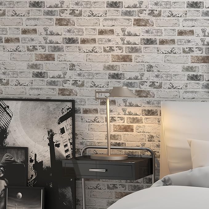 Brick Wallpaper Peel and Stick Wallpaper 17.3"x984" Grey and White 3D Brick Wallpapers Self Adhesive Vintage Wall Paper Removable Textured Contact Paper for Fireplace Kitchen Home Decoration Vinyl