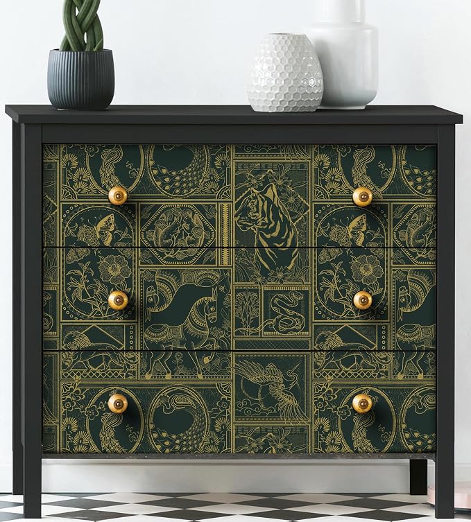 Erfoni 118"x17.7" Green and Gold Wallpaper Vintage Peel and Stick Wallpaper Special Animals Pattern Contact Paper Stick and Peel Self Adhesive Removable Wall Paper for Countertop Cabinets Covering