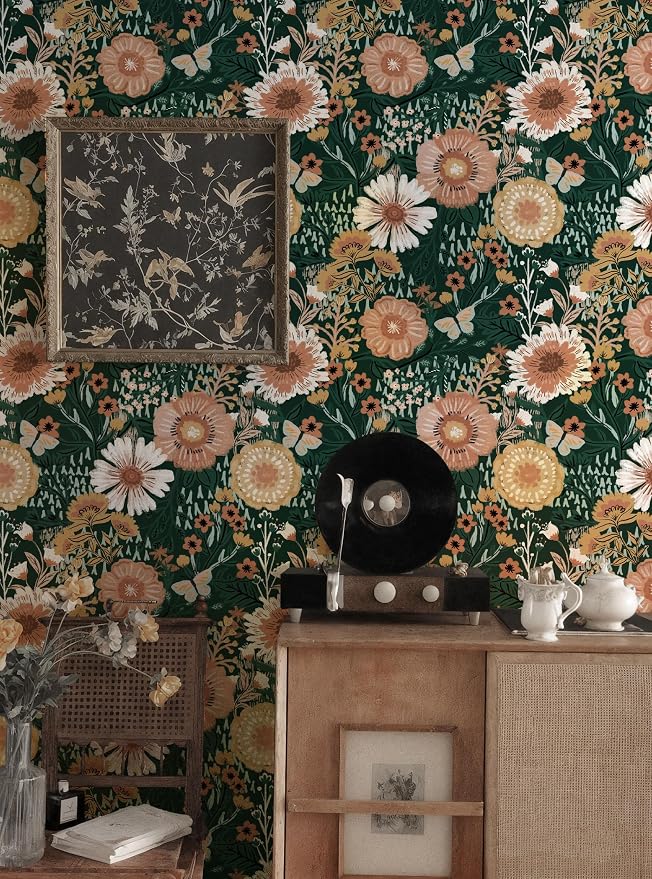 Boho Retro Dark Green Wallpaper Peel and Stick Wallpaper Vintage Floral Contact Paper 17.3''x362'' Bohemian Removable Wall Paper Renter Friendly Waterproof Wall Mural Bedroom Bathroom Vinyl