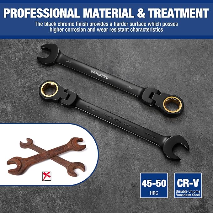 WORKPRO 22-piece Ratcheting Wrench Set with 180° Flex Head, Metric & SAE | Metric 6-18mm & SAE 1/4-3/4", Anti-Slip Tooth, Organizer Box, Black Electrophoretic Coating, for Home Project, Machinery