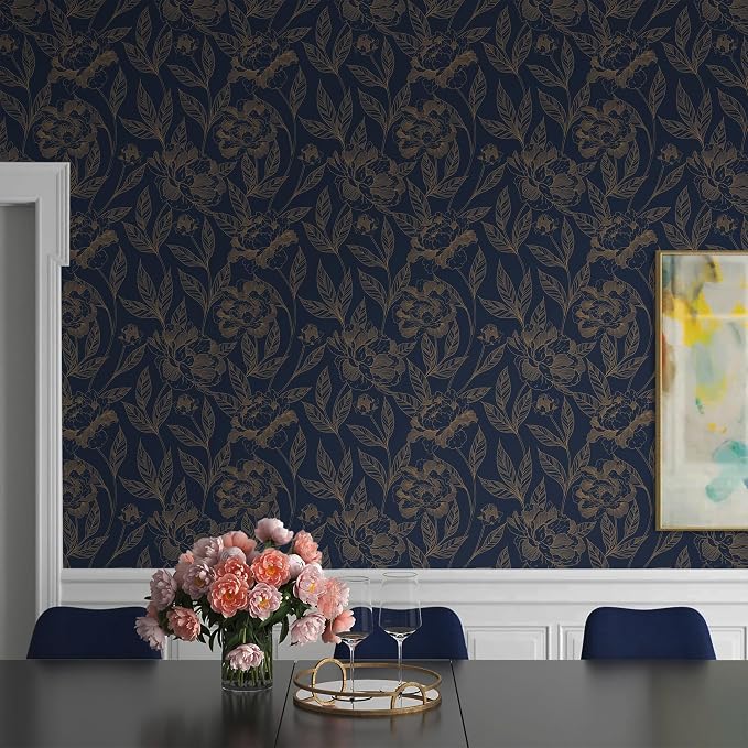 Timeet Peel and Stick Wallpaper Gold and Blue Floral Wall Paper for Bedroom Removable Self Adhesive Elegant Contact Paper Decor 17.7In × 197In