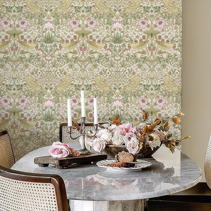 HueBurst William Morris Vintage Peel and Stick Wallpaper 17.7 x 1200in Strawberry/Bird Botanical Self Adhesive Removable Waterproof Contact Paper for Living Room Bedroom Cabinets Drawers Decor