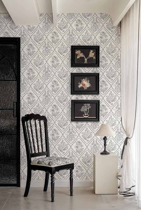 Toduso Peel and Stick Wallpaper Vintage Wall Paper Black and Cream White Contact Paper Neutral Removable Wallpaper for Kitchen Bathroom Bedroom Floral Waterproof Self Adhesive Vinyl 17.3"x78.7"