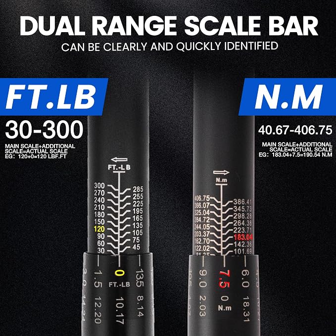 1/2-Inch Drive Click Torque Wrench, 30-300 ft-lb (40.7-406.8 Nm), ±3% Accuracy 72-Tooth Dual-Direction Ratchet, Mechanical Hand Tool for Lug Nuts, Tire Change, Truck & Auto Maintenance