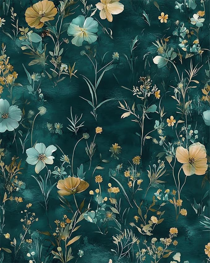 Floral Leaf Vintage Wallpaper Peel and Stick 17.5" x 393", Teal Gold | Self Adhesive/Removable/Waterproof/Thick Vinyl Contact Paper for Bathroom Bedroom Shelf Cabinet Drawer,Prepasted,Easy Peel
