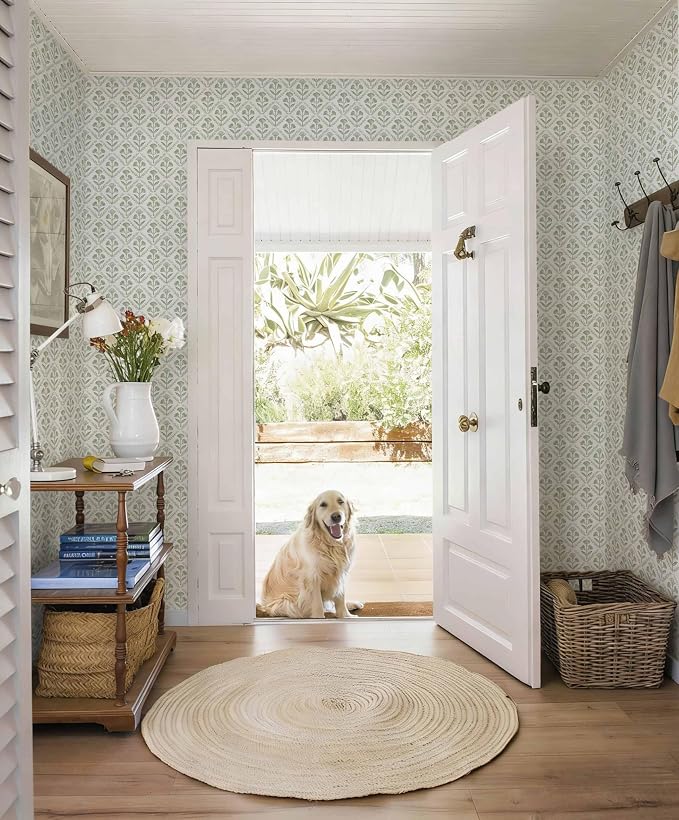Dimoon Green Peel and Stick Wallpaper Floral Contact Paper Village Vintage Summer Cute Farmhouse Cottage Wall Paper Country Renter Friendly Geometry Waterproof Moody Bathroom Kitchen 78.7"x17.3"
