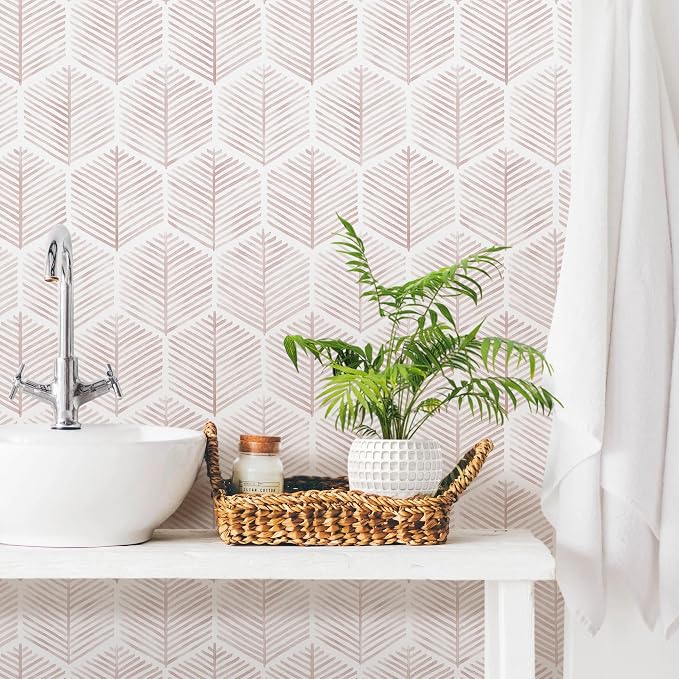 MelunMer Modern Peel and Stick Wallpaper Boho Contact Paper 17.3''×78.7'' | Pink and White Self Adhesive Removable Wallpaper for Bedroom/Bathroom Waterproof Geometric Contact Paper for Cabinets, Drawer