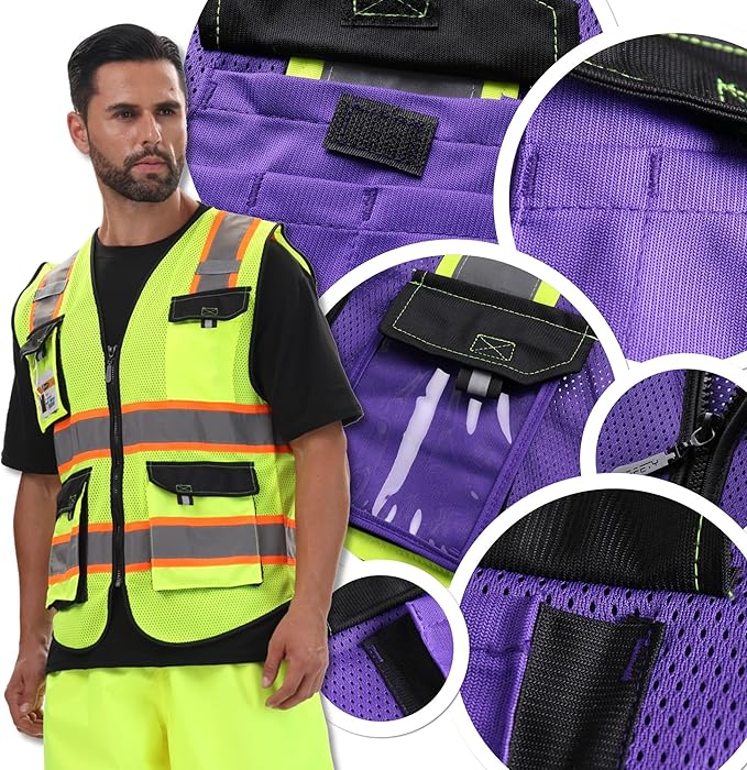 JKSafety Hi Vis Reflective Safety Vests for Men Women High Visibility Vest with Pockets Mesh Fabric Construction Safety Apparel Neon Vest for Work (220-PurpleB L)