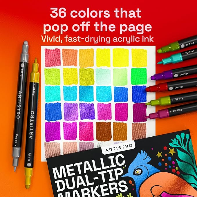 ARTISTRO 36 Metallic Precision Dual-Tip Acrylic Paint Markers – Paint Pens Set with Dot & Fine Tips for Fabric, Rock, Glass, Wood, Coloring Books – Classroom & Art Supplies Teacher Appreciation Gift