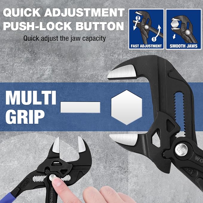 WORKPRO Pliers Wrench Set, 7 & 10-Inch CR-V Construction Wrench Pliers | High Lever Ratio Parallel Smooth Jaw Pliers, Push-Button Quick Adjust, Groove Lock Mechanism for Plumbing, Automotive & DIY