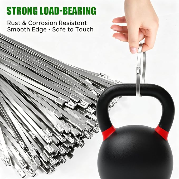 MasiStran Metal Zip Ties 100 Pack 12 Inch, 304 Stainless Steel 300LBS Heavy Duty Zip Ties - Self-Locking Cable Ties for Exhaust Wrap，Chain Link Fence Parts, Outdoor Farms,Pipes