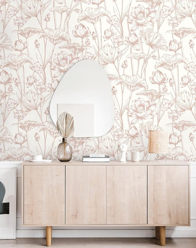 Timeet Floral Peel and Stick Wallpaper White and Pink Vintage Contact Paper 16" x 197" Lotus Self Adhesive Removable Wallpaper for Bedroom Bathroom Waterproof Decoration