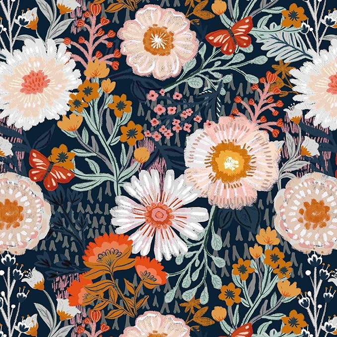 Dimoon Boho Wallpaper Peel and Stick Wallpaper Floral Retro Contact Paper 17.3''x78.7'' Dark Blue Vintage Bohemian Removable Wall Paper Renter Friendly Waterproof Wall Mural for Bedroom Bathroom Vinyl