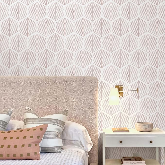 MelunMer Modern Peel and Stick Wallpaper Boho Contact Paper 17.3''×787'' | Pink and White Self Adhesive Removable Wallpaper for Bedroom/Bathroom Waterproof Geometric Contact Paper for Cabinets, Drawer